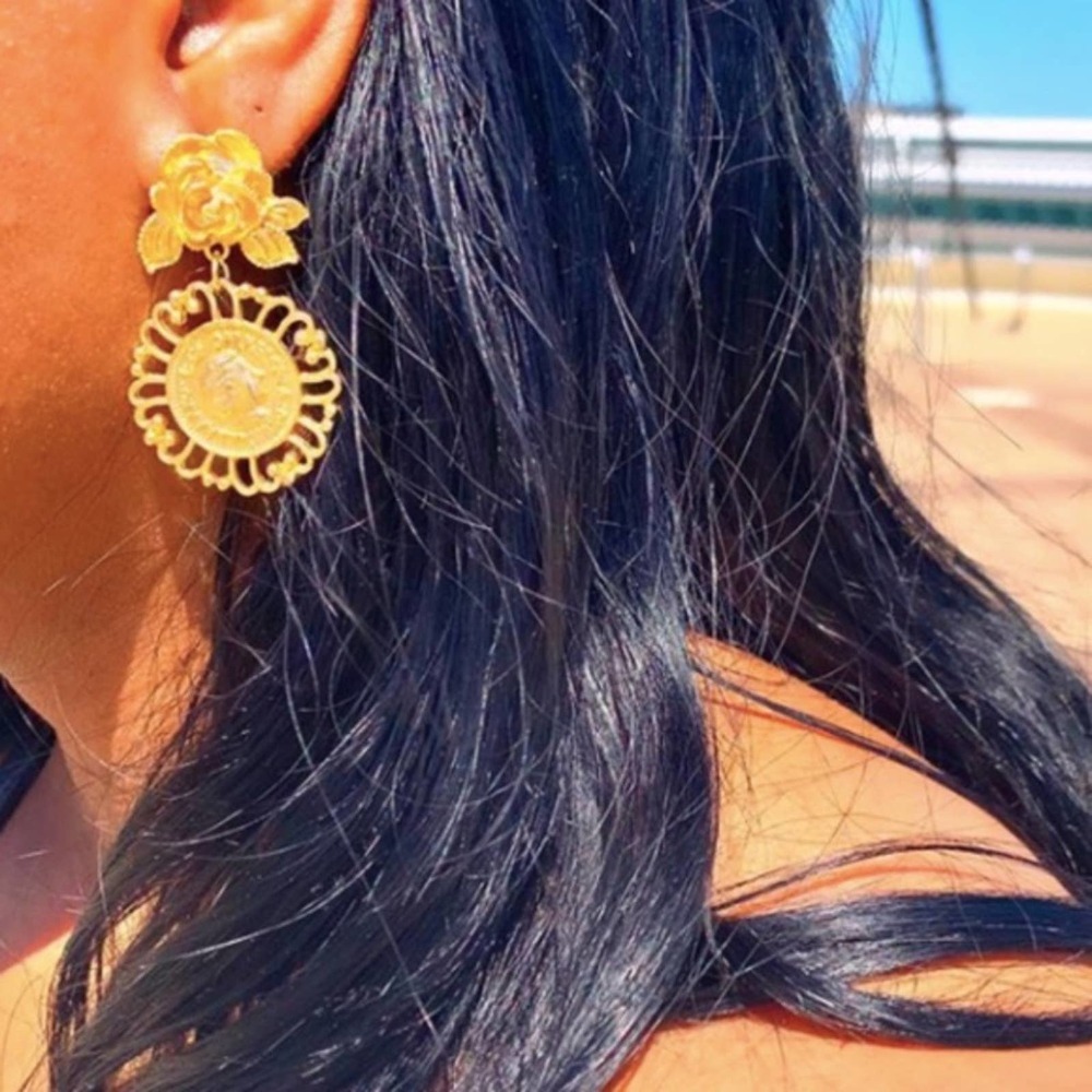 Gold Vintage Floral Coin Drop Earrings - Gold, Medium, Minimalist
